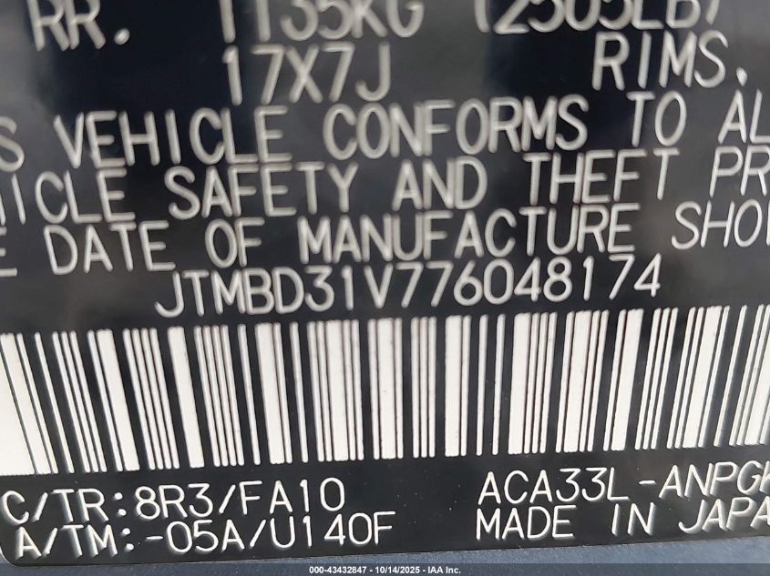 2007 Toyota Rav4 Limited VIN: JTMBD31V776048174 Lot: 43432847