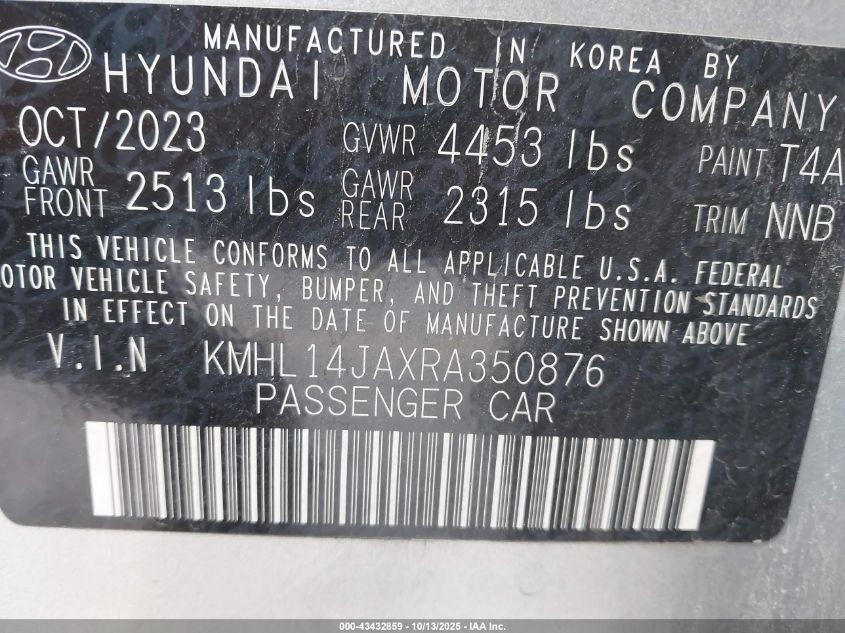2024 Hyundai Sonata Sel VIN: KMHL14JAXRA350876 Lot: 43432859