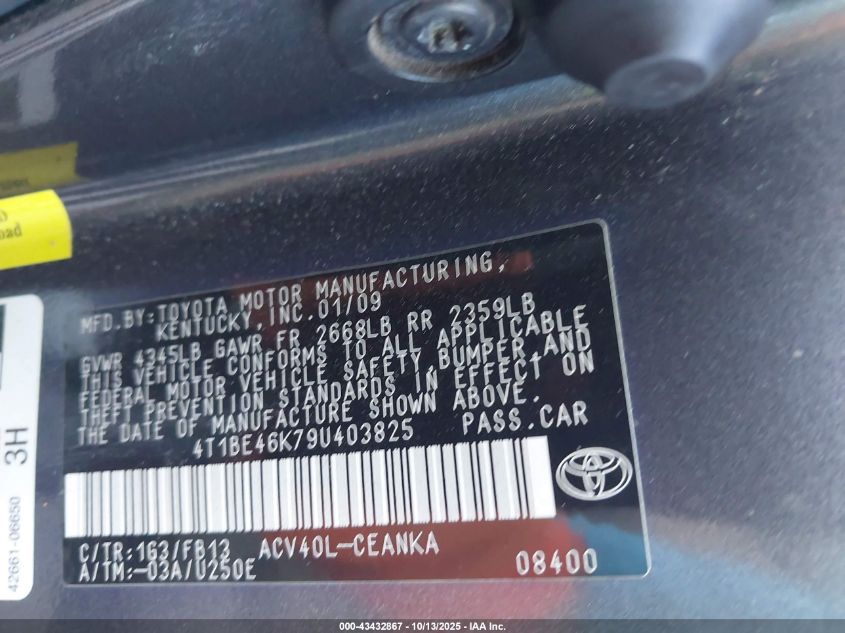 2009 Toyota Camry Le VIN: 4T1BE46K79U403825 Lot: 43432867