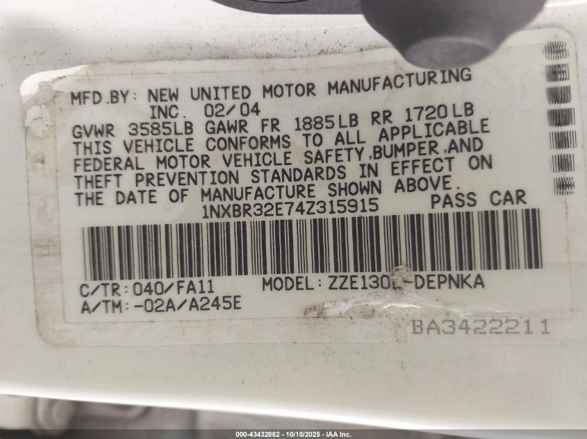 2004 Toyota Corolla Le VIN: 1NXBR32E74Z315915 Lot: 43432882