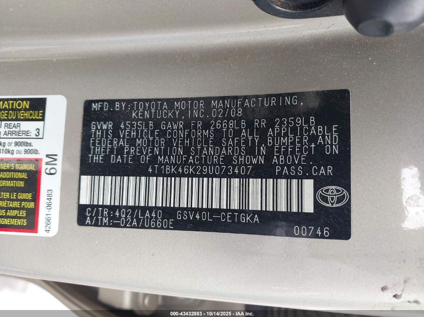 2009 Toyota Camry Xle V6 VIN: 4T1BK46K29U073407 Lot: 43432883