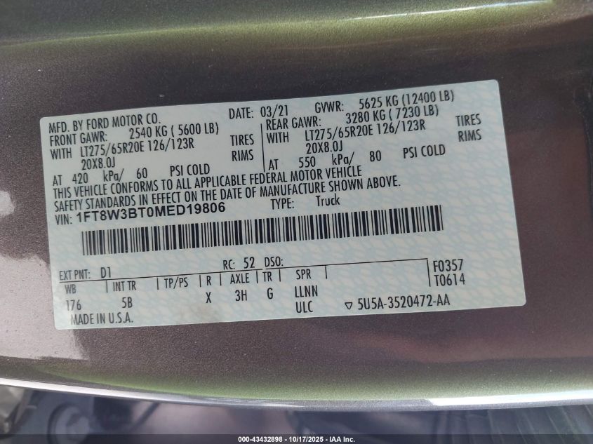 2021 Ford F-350 Lariat VIN: 1FT8W3BT0MED19806 Lot: 43432898