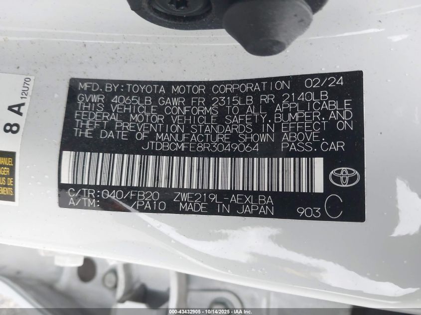 2024 Toyota Corolla Hybrid Le VIN: JTDBCMFE8R3049064 Lot: 43432905