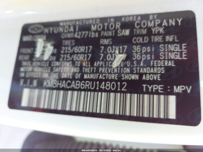 2024 Hyundai Kona Se VIN: KM8HACAB6RU148012 Lot: 43432914