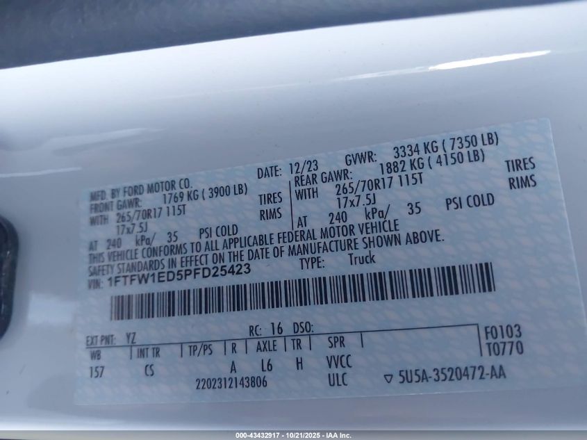 2023 Ford F-150 Xl VIN: 1FTFW1ED5PFD25423 Lot: 43432917