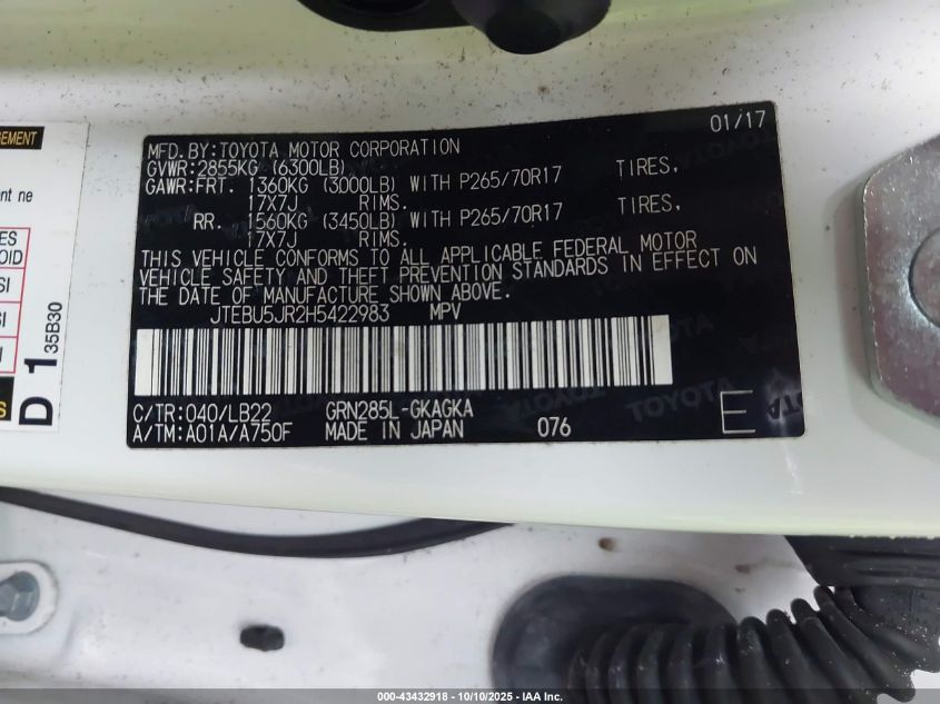 2017 Toyota 4Runner Sr5 Premium VIN: JTEBU5JR2H5422983 Lot: 43432918