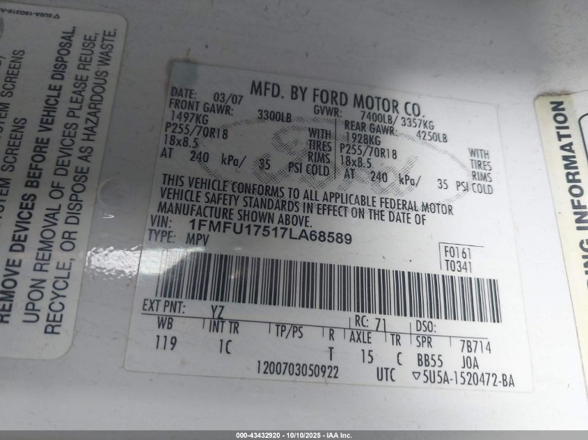 2007 Ford Expedition Eddie Bauer VIN: 1FMFU17517LA68589 Lot: 43432920