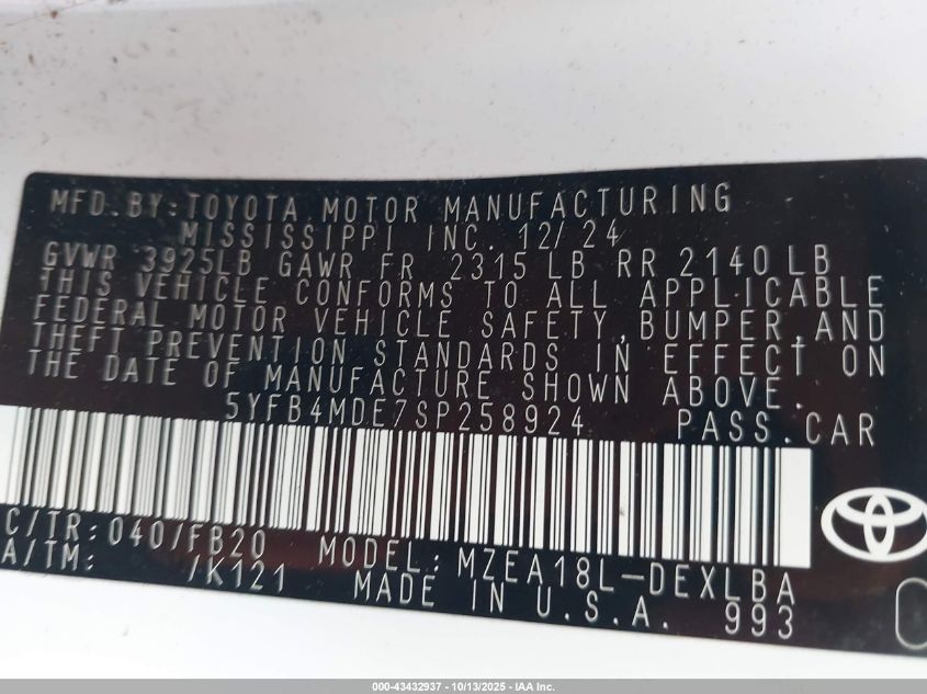 2025 Toyota Corolla Le VIN: 5YFB4MDE7SP258924 Lot: 43432937