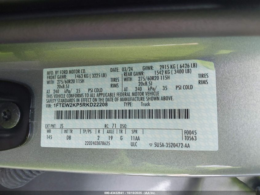 2024 Ford F-150 Stx VIN: 1FTEW2KP5RKD22208 Lot: 43432941