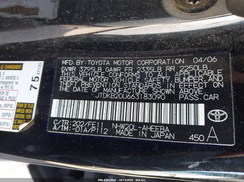 2006 Toyota Prius VIN: JTDKB20U663183090 Lot: 43432942