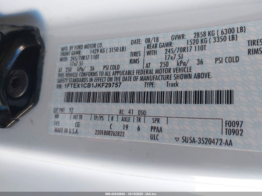 2018 Ford F-150 Xl VIN: 1FTEX1CB1JKF29757 Lot: 43432945