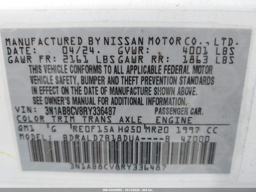 2024 Nissan Sentra Sv Xtronic Cvt VIN: 3N1AB8CV8RY336487 Lot: 43432955