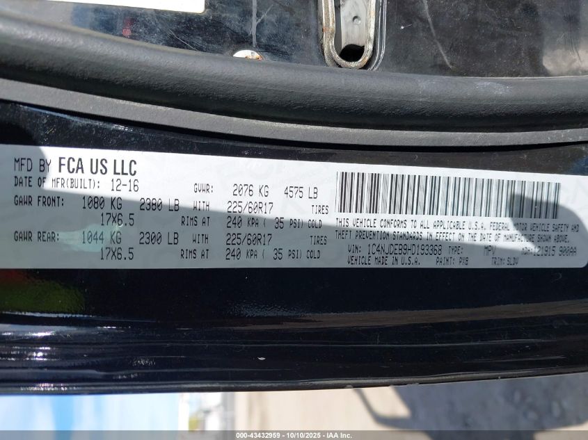 2017 Jeep Compass High Altitude 4X4 VIN: 1C4NJDEB9HD193368 Lot: 43432959