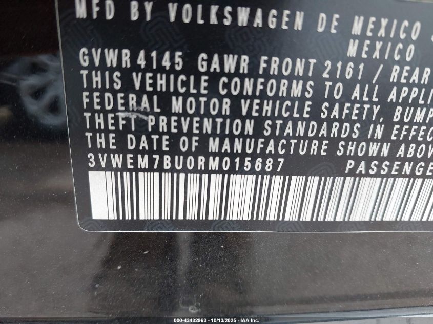 2024 Volkswagen Jetta 1.5T Se VIN: 3VWEM7BU0RM015687 Lot: 43432963