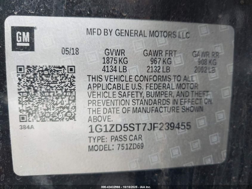 2018 Chevrolet Malibu Lt VIN: 1G1ZD5ST7JF239455 Lot: 43432966