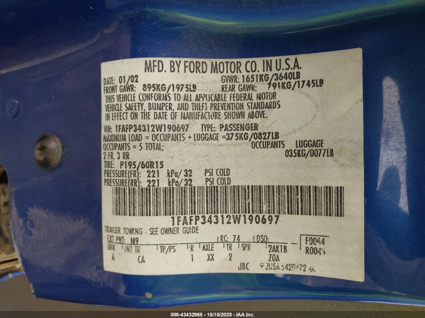 2002 Ford Focus Se VIN: 1FAFP34312W190697 Lot: 43432968