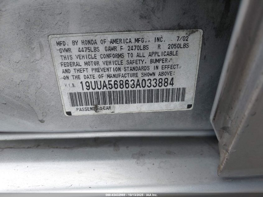 2003 Acura Tl 3.2 Type S VIN: 19UUA56863A033884 Lot: 43432969