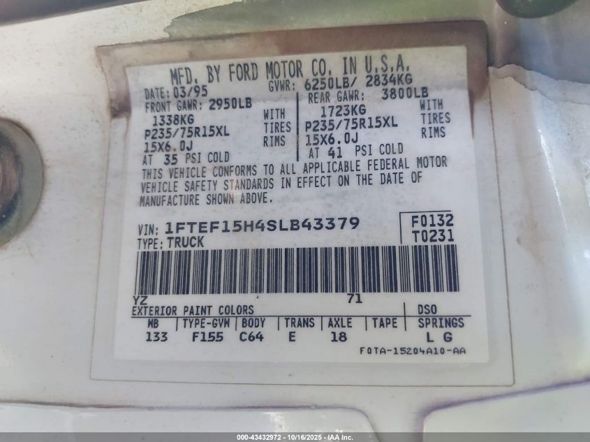 1995 Ford F150 VIN: 1FTEF15H4SLB43379 Lot: 43432972