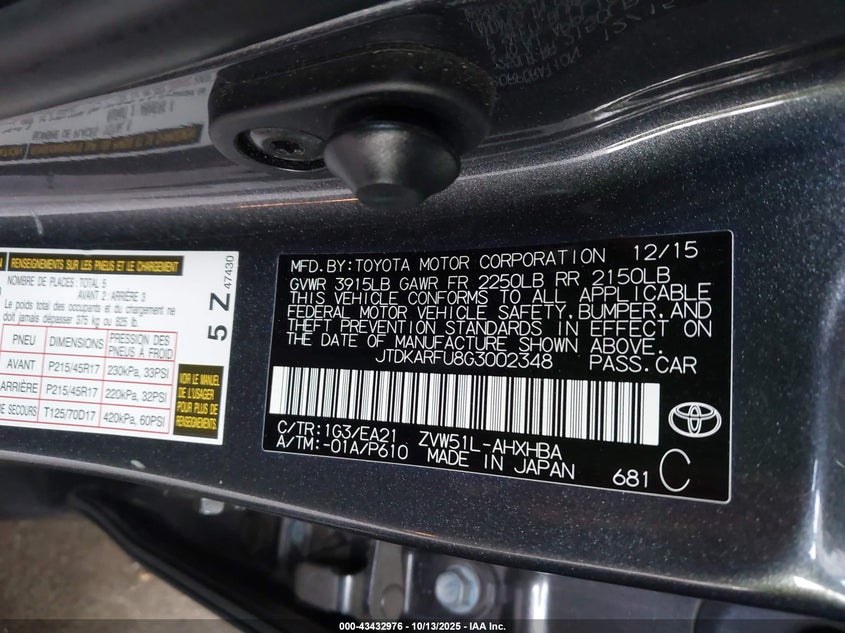 2016 TOYOTA PRIUS THREE TOURING JTDKARFU8G3002348