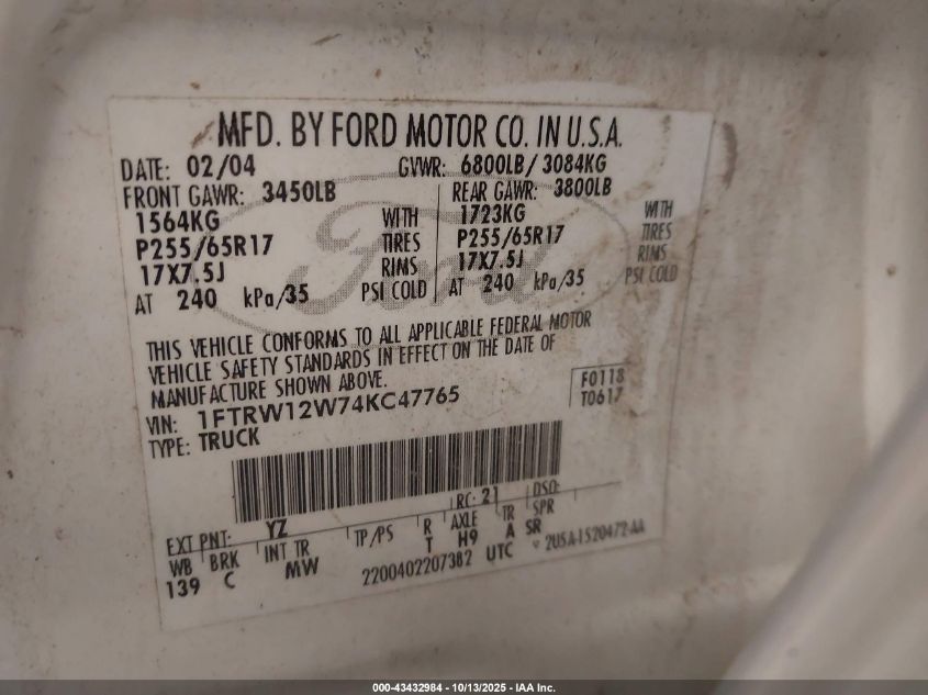 2004 Ford F-150 Xlt VIN: 1FTRW12W74KC47765 Lot: 43432984