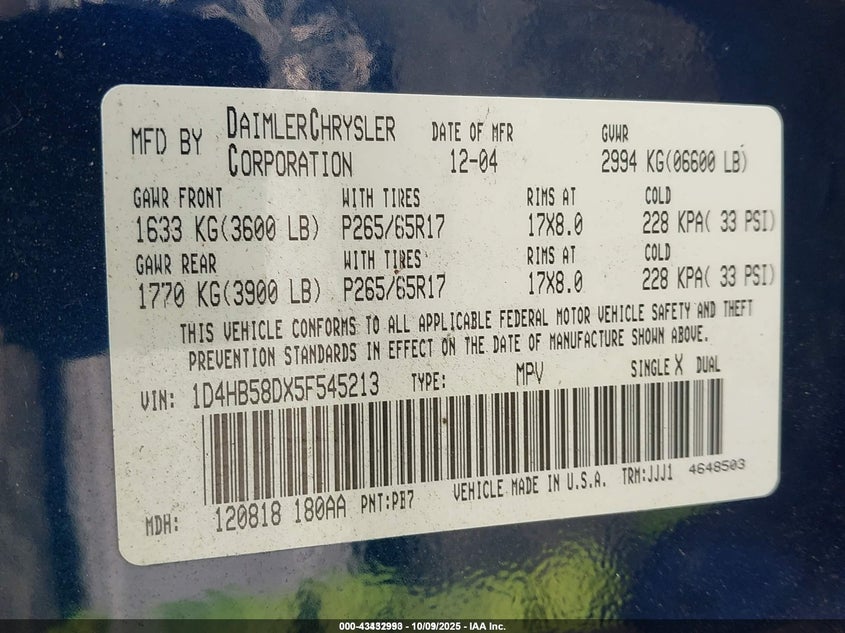 2005 Dodge Durango Limited VIN: 1D4HB58DX5F545213 Lot: 43432993