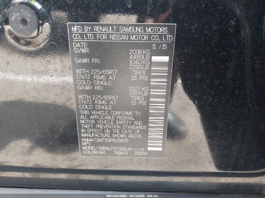 2016 Nissan Rogue S VIN: KNMAT2MT5GP625605 Lot: 43433005