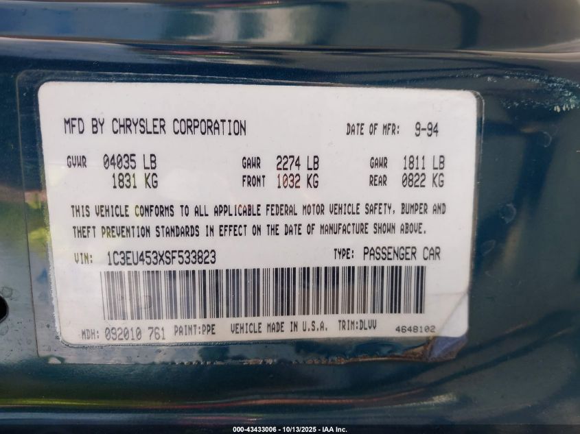 1995 Chrysler Lebaron Gtc VIN: 1C3EU453XSF533823 Lot: 43433006