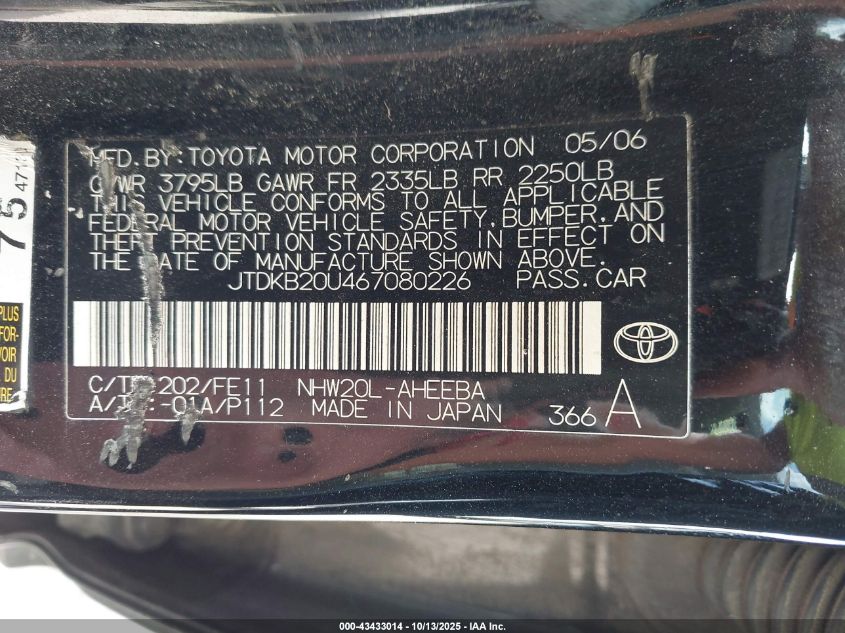 2006 Toyota Prius VIN: JTDKB20U467080226 Lot: 43433014