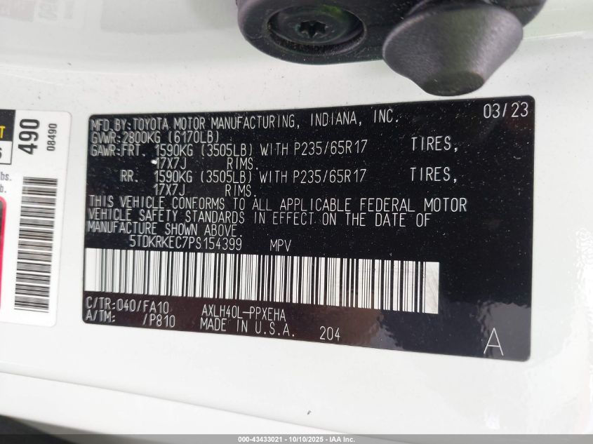 2023 Toyota Sienna Le VIN: 5TDKRKEC7PS154399 Lot: 43433021