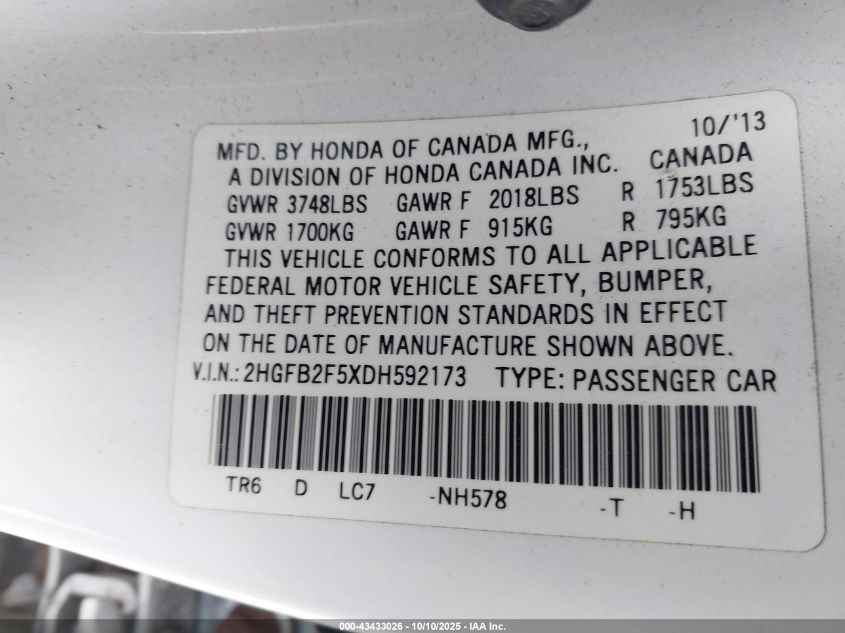 2013 Honda Civic Lx VIN: 2HGFB2F5XDH592173 Lot: 43433026