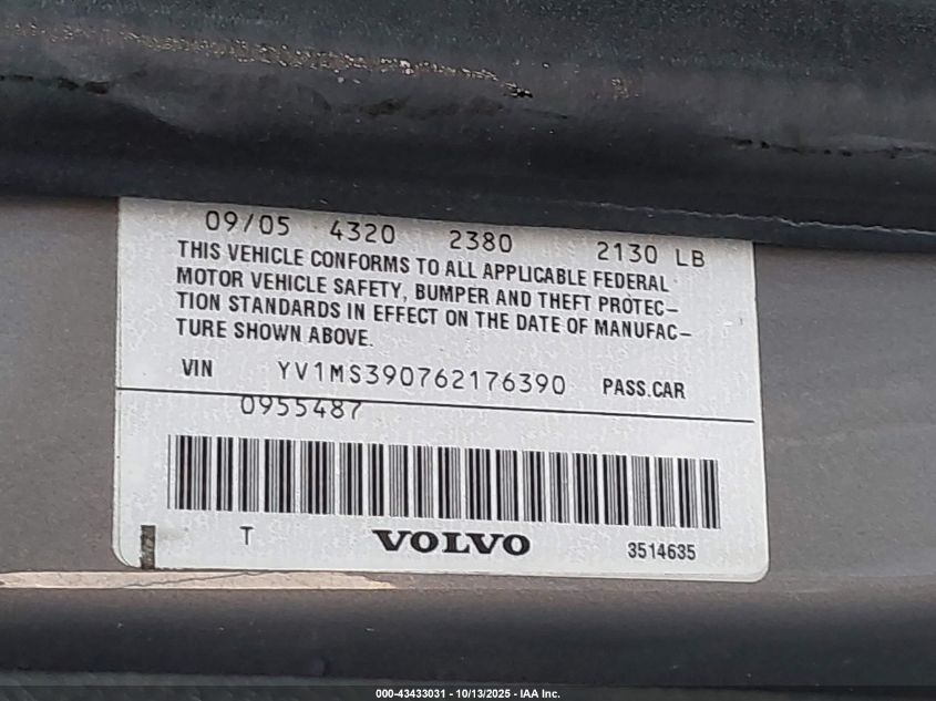 2006 Volvo S40 2.4I VIN: YV1MS390762176390 Lot: 43433031