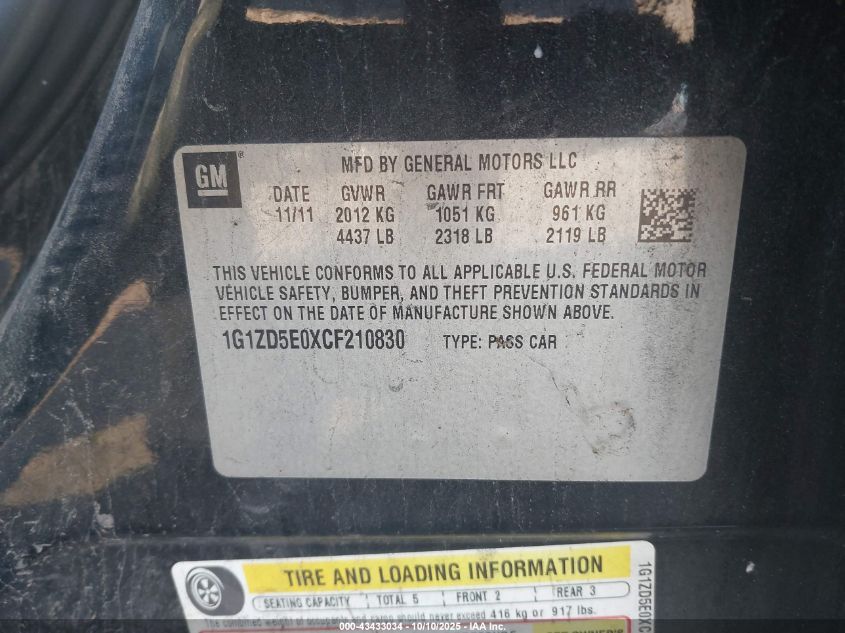 2012 Chevrolet Malibu 2Lt VIN: 1G1ZD5E0XCF210830 Lot: 43433034