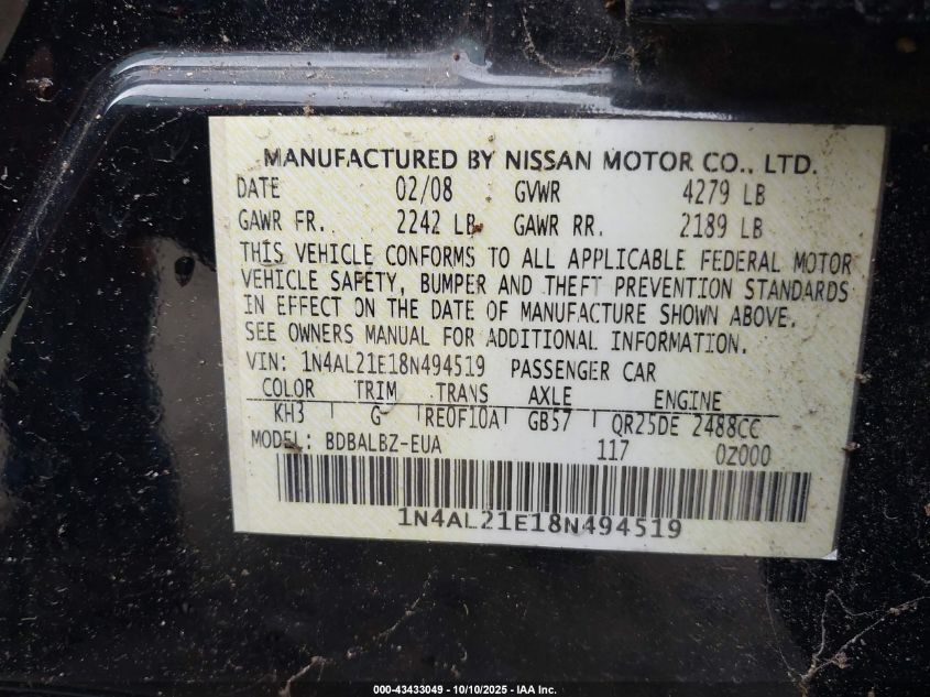 2008 Nissan Altima 2.5 S VIN: 1N4AL21E18N494519 Lot: 43433049