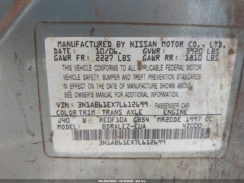 2007 Nissan Sentra 2.0S VIN: 3N1AB61EX7L612699 Lot: 43433052