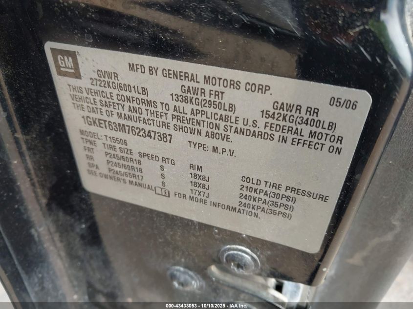 2006 GMC Envoy Denali VIN: 1GKET63M762347387 Lot: 43433053