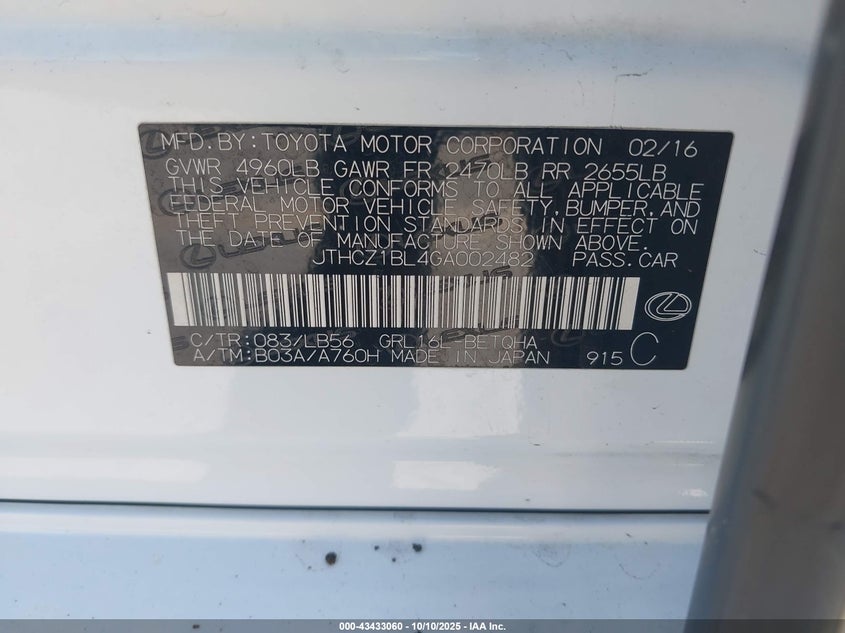 2016 LEXUS GS 350 JTHCZ1BL4GA002482