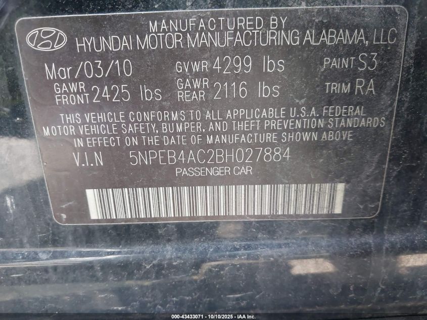 2011 Hyundai Sonata Gls VIN: 5NPEB4AC2BH027884 Lot: 43433071