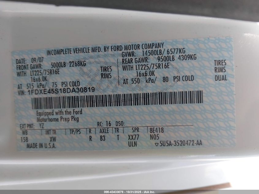 2008 Ford E-450 Cutaway VIN: 1FDXE45S18DA30819 Lot: 43433078