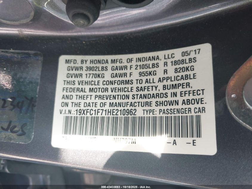 2017 Honda Civic Ex-L VIN: 19XFC1F71HE210962 Lot: 43433083