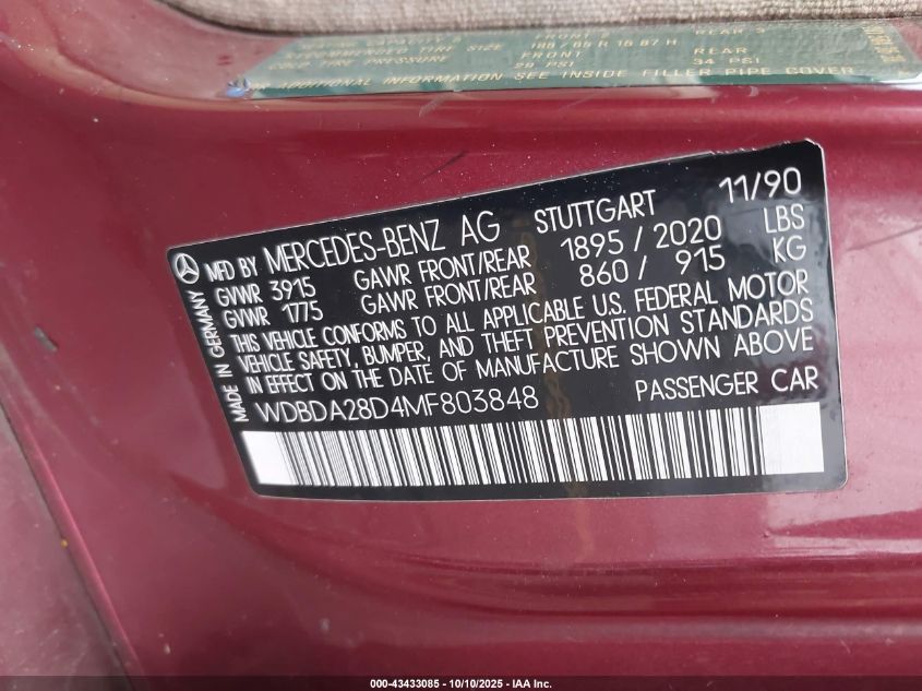 1991 Mercedes-Benz 190 E 2.3 VIN: WDBDA28D4MF803848 Lot: 43433085