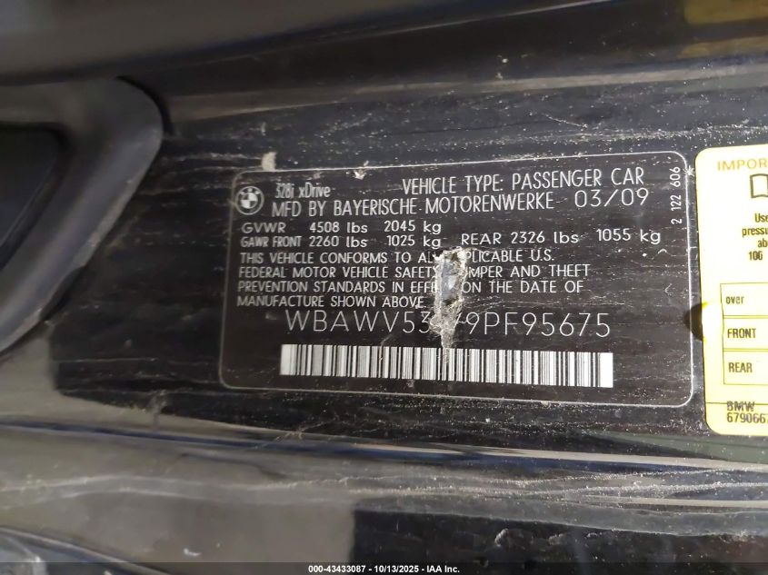 2009 BMW 328I xDrive VIN: WBAWV53579PF95675 Lot: 43433087