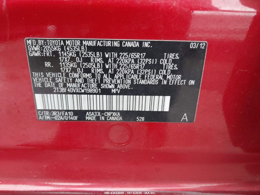 2012 Toyota Rav4 VIN: 2T3BF4DVXCW198901 Lot: 43433088