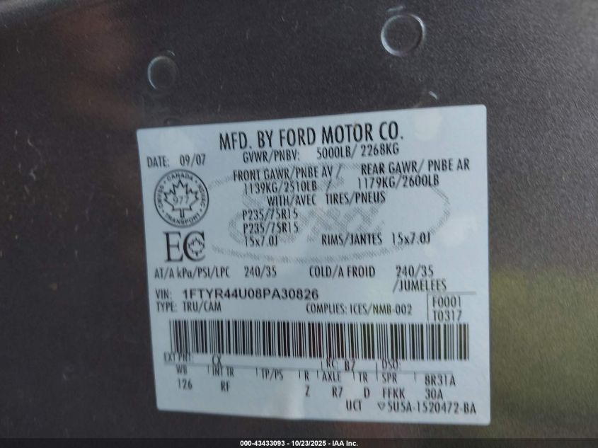 2008 Ford Ranger Sport/Xlt VIN: 1FTYR44U08PA30826 Lot: 43433093