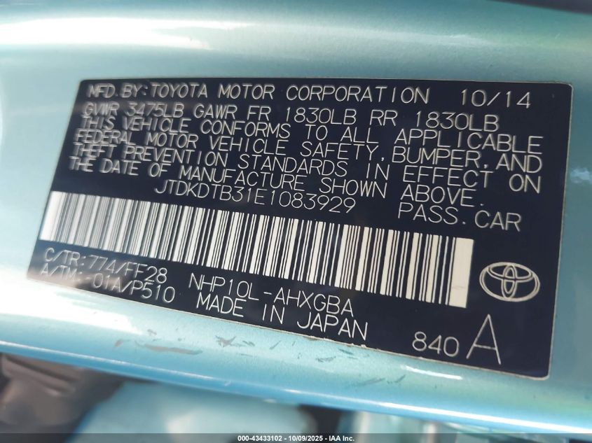 2014 Toyota Prius C Four/One/Three/Two VIN: JTDKDTB31E1083929 Lot: 43433102