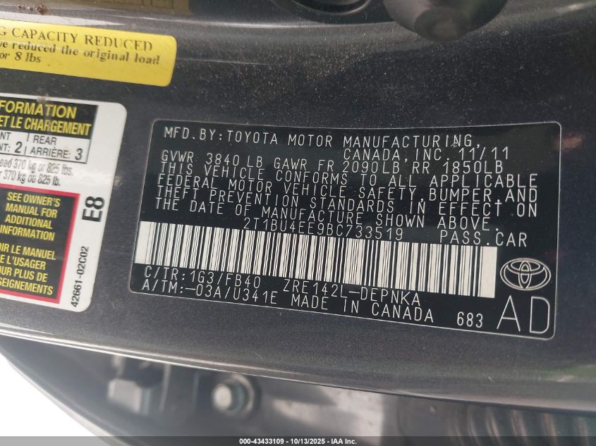 2011 Toyota Corolla Le VIN: 2T1BU4EE9BC733519 Lot: 43433109