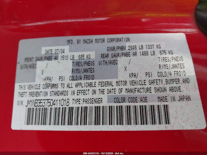 2005 Mazda Mx-5 Miata Cloth VIN: JM1NB353750411018 Lot: 43433118