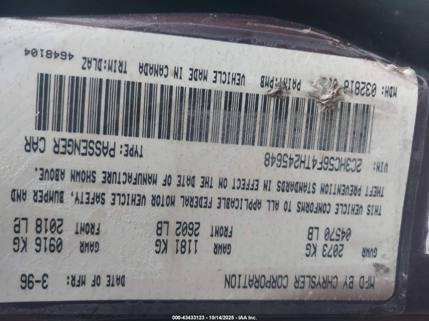 1996 Chrysler Lhs VIN: 2C3HC56F4TH245648 Lot: 43433123