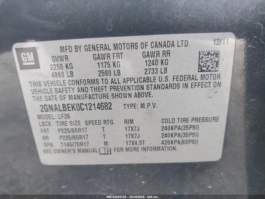 2012 Chevrolet Equinox Ls VIN: 2GNALBEK0C1214682 Lot: 43433124