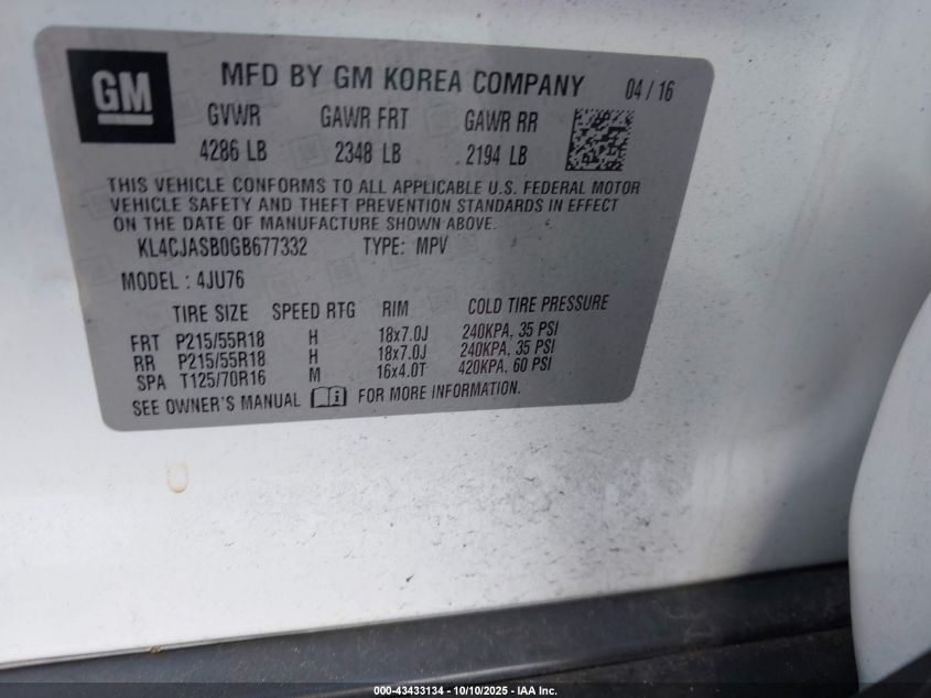 2016 Buick Encore VIN: KL4CJASB0GB677332 Lot: 43433134