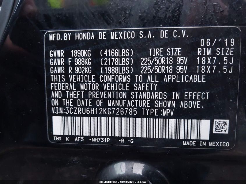 2019 Honda Hr-V Sport VIN: 3CZRU6H12KG726785 Lot: 43433137